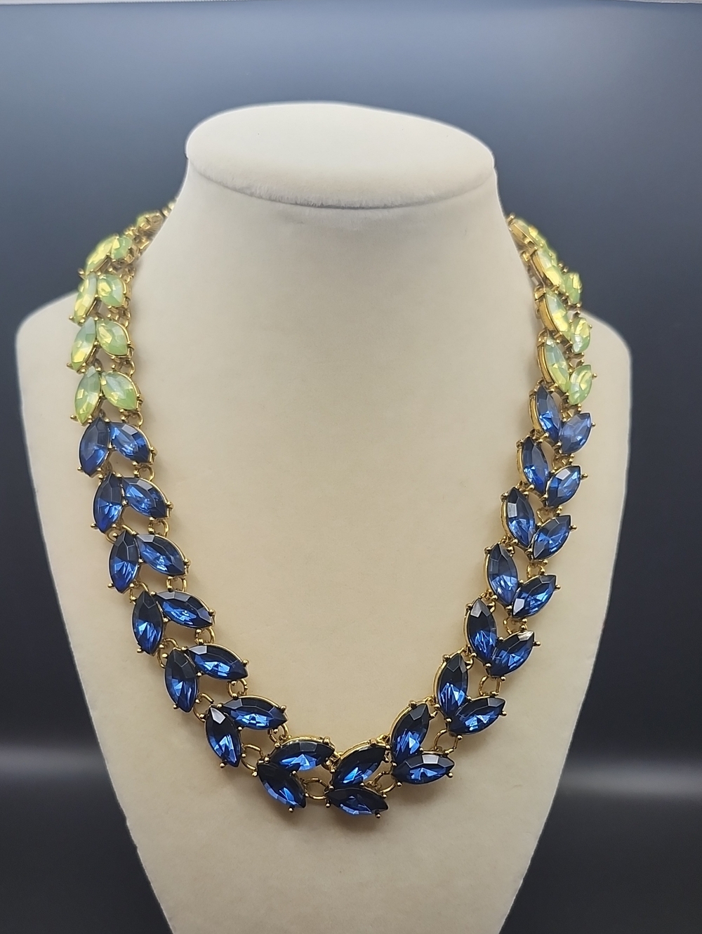 Gold-tone Blue and Light Green Crystal Leaf Necklace